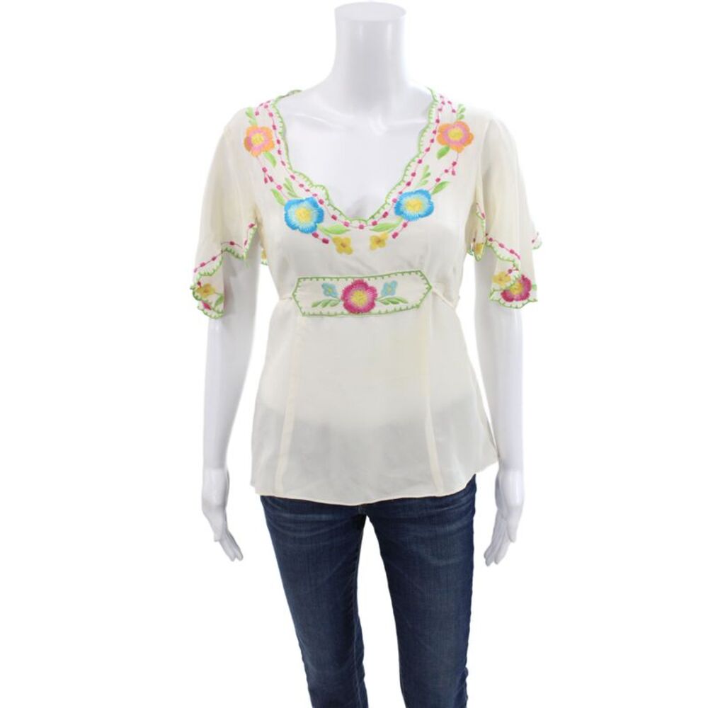 Nanette Lepore Women Silk Tunic Ivory V-Neck Floral Tie Short Sleeve Size 6